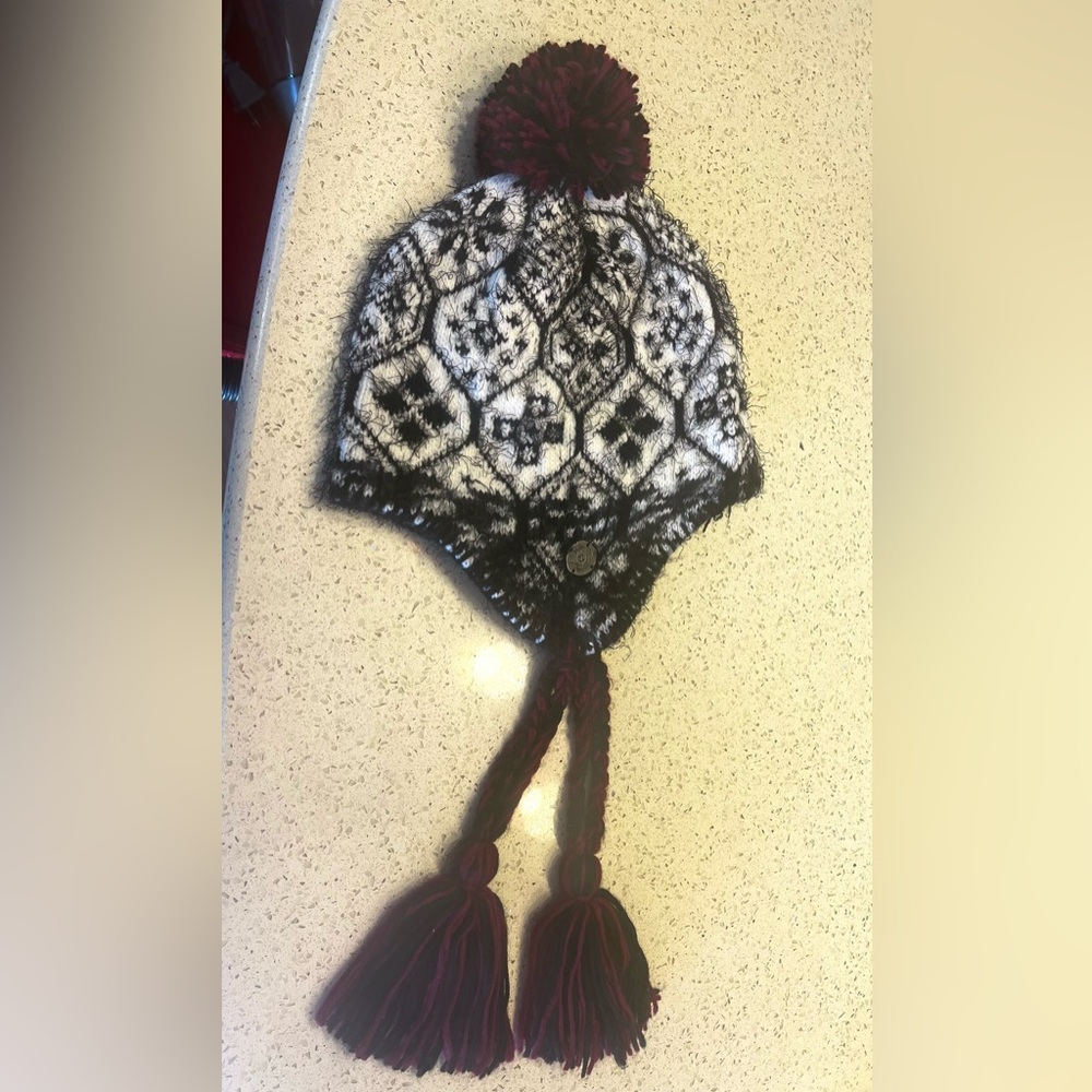 NEW Pistil Red Black White Ear Flap Pom Tassel Winter Beanie Ski Hat